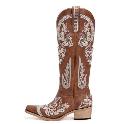 Image of vodvob Western Cowboy Boots for Women Rhinestone Knee High Cowgirl Snip Toe | Embroidery,Faux Leather Upper,Side Zipper,Pull-On Tabs,Chunky Heel,Wedding,Formal,Party,Country Concert