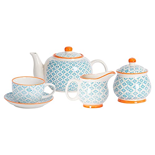 Nicola Spring 15pc Tea Set - Blue - 6-Person Dining Set Hand Printed Floral Pattern Teapot Teacups & Saucers Sugar Storage Pot and Milk Jug for Breakfast, Lunch, Tea Parties