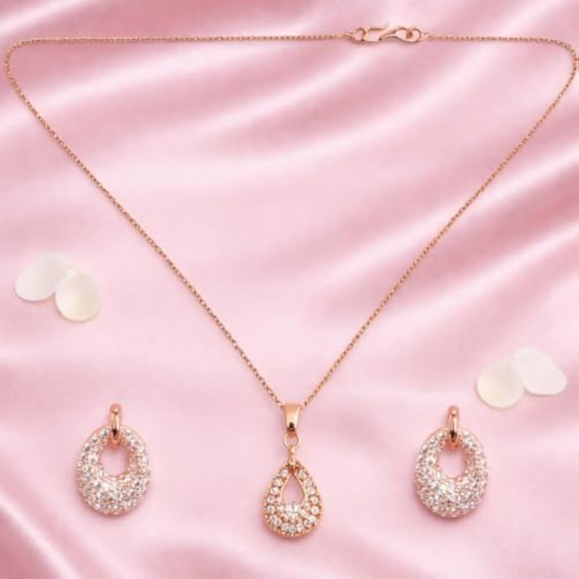 Women's Crystal Drop Pendant Necklace Set with Matching Stud Earrings