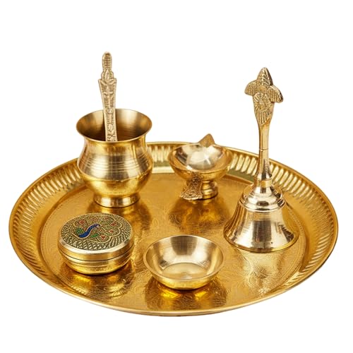 Image of Traditional Brass Puja Thali Set for Mandir & Festivals | Brass Aarti Thali Plate for Bhog, Diya & Pooja Rituals | Ideal for Diwali Navratri Karwa Chauth Home Temple Decor (Set of 7)