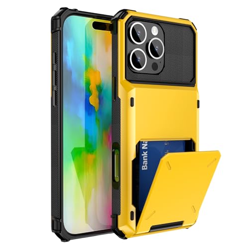 SORAKA Case for iPhone 16 Pro Max with Card Holder PC TPU 2 in 1 Dual Layer Bumper case Shockproof Cover can Hold 5 Cards Yellow
