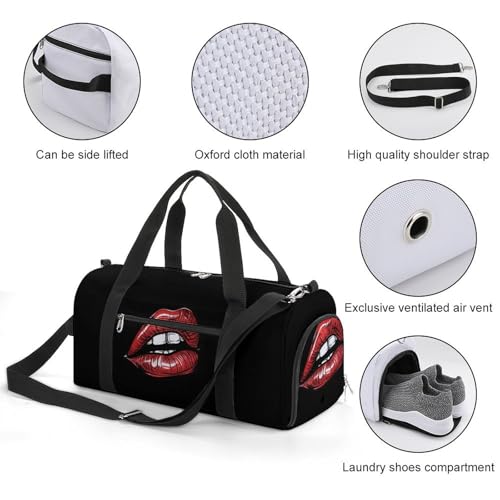 Vintage Red Lips Print Gym Bag for Women Men Lightweight Duffel Bag Travel Tote Bag Sports Bag with Shoulder Strap3