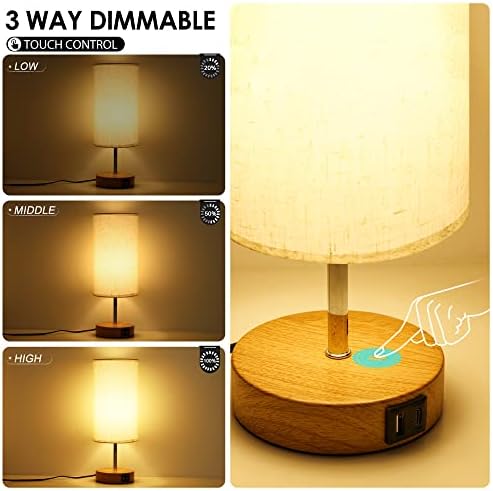 Allesin Bedside Lamps Set of 2, Touch Control Table lamp, 3-Way dimmable Lamps, Nightstand Lamp with 2 USB Ports(Type-C & Type-A), LED Lights for Living Room,Bedroom(LED Bulbs Included)