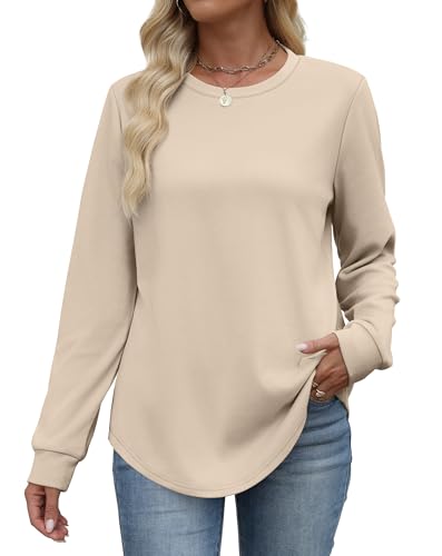 Image of WIHOLL Sweatshirts for Women UK Crewneck Long Sleeve Tops Womens Lightweight Jumpers Curved Hem Tunic Shirts Beige Size 10-12