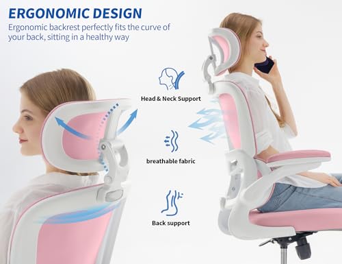 Image of TRALT Ergonomic Office Chair - Desk Chair with Adjustable Headrest Lumbar Support Computer Chair - Mesh Comfy Chair with Flip-up Armrests - Gaming Chairs for Adults Home Office (Leather, Pink)