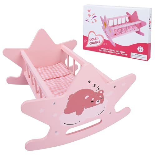 Offelec Wooden Baby Doll Crib Set, Pink Baby Doll Bed Toys, Rocking Baby Doll Cradle Accessories, Play Cradle for Dolls, Doll Furniture Accessories,Gift for Boys Girls Kids, Ages 3+