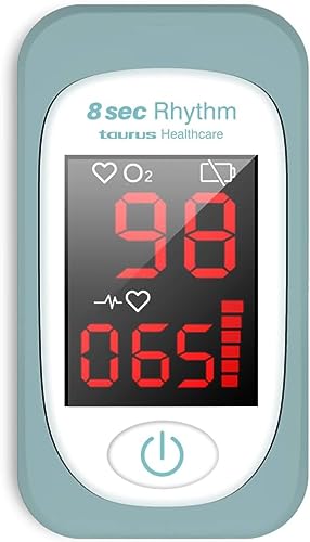 Taurus - Pulsioximetro de dedo Compacto | Medición en 8 segundos | Nivel Saturación de Oxígeno en Sangre (Sp02) / Frecuencia y Pulso | Compacto | Lectura Rápida | Ligero | Pantalla Digital LED