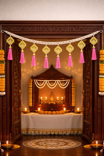 Image of Handcrafted Pearl Beaded Door Toran with Pink Tassels | 3 Feet Decorative Bandhanwar for Main Door, Mandir & Wedding Decor | Traditional Hanging for Diwali & Griha Pravesh