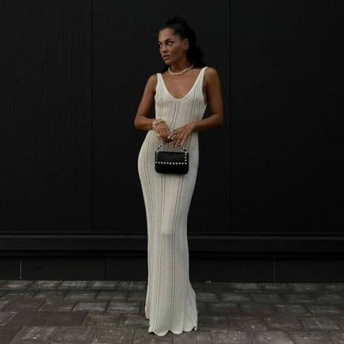 Women Off Sleeveless Maxi Casual Vacation Dress Sexy Deep V Neck Backless Summer Beach Eyelet Knit Swimwear Coverups4