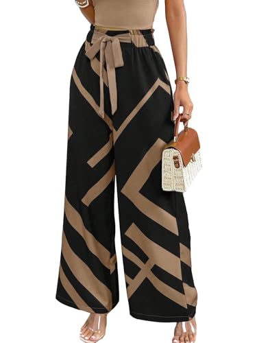 MakeMeChic Women's Belted Paperbag Elastic High Waist Palazzo Pants Printed Casual Wide Leg Pants