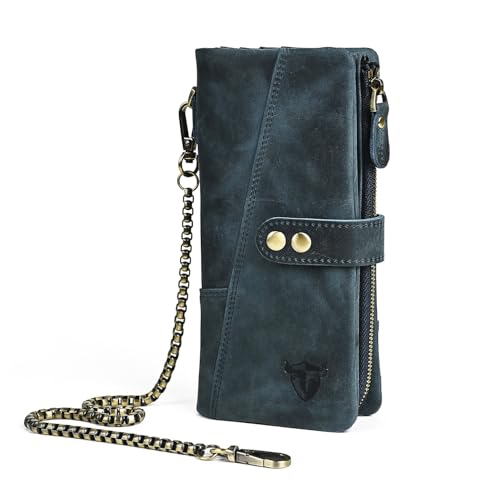 Image of Genuine Crazy Horse Leather Travel Gift Coin Pocket Card Case Long Organizer Chain Rfid Wallet Purse With Snap For Men Male 1803 1815 (1803 The Blue)
