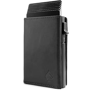 CARD Nine® Kartenetui mit RFID-Schutz – Smart Wallet – Pop-Up-Geldbörse – Cardholder – Portemonnaie – Geldbeutel mit Magnetverschluss (Schwarz, Mit Münzfach)