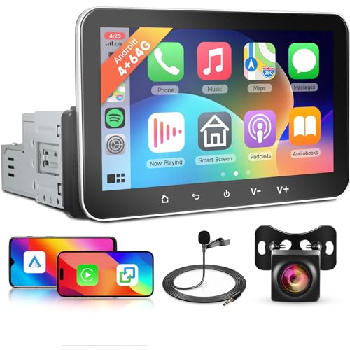 Hodozzy 4G 64G Android Radio de Coche 1 DIN con Carplay Inalámbrico Android Auto, Pantalla Táctil de 7 Pulgadas GPS WiFi Bluetooth MirrorLink EQ Radio FM/RDS, Pantalla Dividida, Doble USB, SWC+Cámara