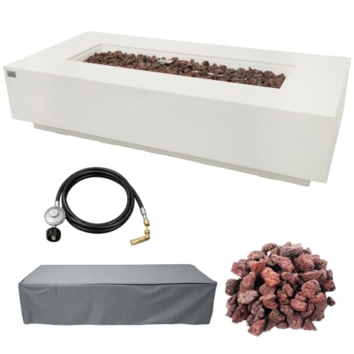 Image of AMS Creations | Savanah 72 inch Rectangular Cast Concrete Natural Gas Fire Pit Table | Cream White | Smooth Texture Surface | Electronic Ignition | Outdoor Patio Heater Outside Backyard Fireplace