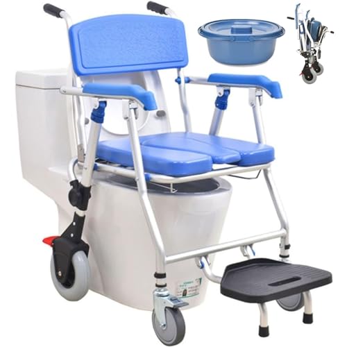 Silla de Ducha y Wc con Ruedas, Silla de Inodoro Plegable Taburete de Ducha Multifunción para Anciano Mujeres Embarazadas Paciente Que No Pesen Más de 150kg, Ahorra Espacio
