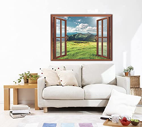 Image of CVANU Lovely View of Green Grassland with Blue Sky Having Clouds in a Sunny Day Removable Faux Window Wall Sticker /Decals for Living Room etc Cv 39