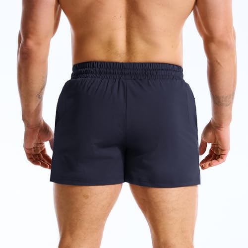 BROKIG MNS 3 Inch Gym Workout Shorts Zip Pocket Lightweight(Navy Blue,S) - 3