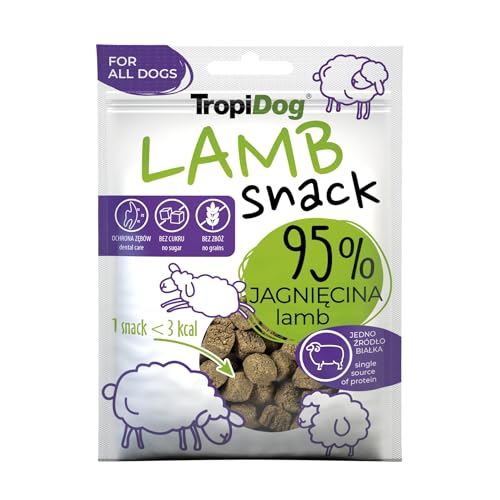 Snack per cani monoproteici con il 95% di agnello, senza cereali e conservanti, ideale per l'addestramento e l'igiene orale - TropiDog Snack Lamb 70g