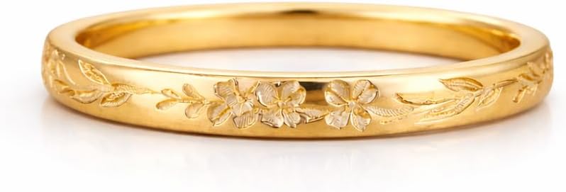 14K Yellow Gold Plated Floral Engraved Wedding Band for Women Vintage Blossom Carved Ring Minimalist Gold Promise Stackable Anniversary Elegant Nature Inspired Jewelry Gift for Her