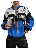 SOLY HUX Women's Racing Jacket Race Car Driver Bomber Jackets Color Block Y2k Outerwear Vintage Streetwear Blue White Graphic Medium