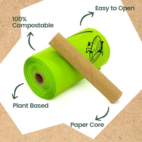 Image of Ley's Compostable Dog Poop Bags, Plant-Based Biodegradable Doggie Waste Bags with Easy Tie Handles, Unscented, Vegetable-Based, Dog Bags Refill Rolls with Dispenser and Leash Clip