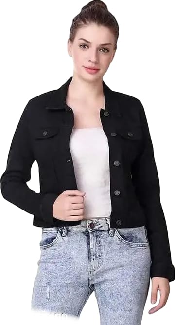 Women’s Casual Solid Black Denim Jacket-image-0