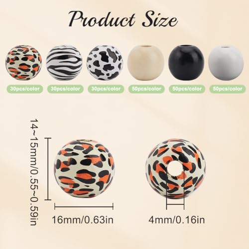 SOFPLATE 240pcs 16mm Black and White Wood Beads Cow Beads Wooden Zebra Leopard Print Round Natural Wooden Spacer Loose Bead for jewellery Making Assorted Farmhouse Home Decoration DIY Crafts Supplies - Image 2