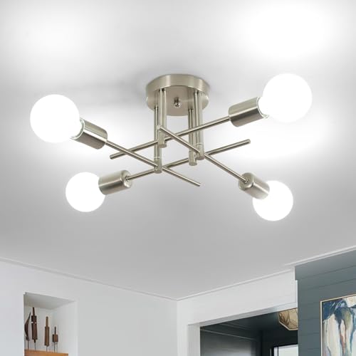 Comely 4 Luci Plafoniera Soffitto E27, Lampadario Industriale Moderna in Metallo, Lampada da Soffitto Retro per Soggiorno Camera da Letto Sala da Pranzo (Bianco Argento)