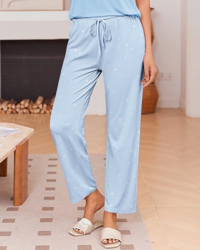 Image of Ekouaer Pajama Sets for Women Round Neck Pjs Short Sleeve Sleepwear with Long Pants Loose Lounge Sets Light Blue Star X-Large