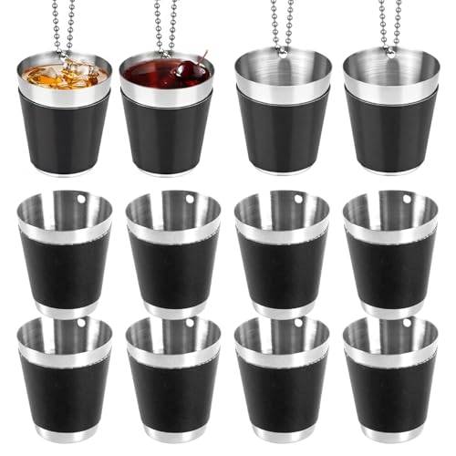 Eulihent 12 Stück Schnapsglas zum Umhängen 30ml Wiederverwendbare Schwarz Schnapsbecher Edelstahl für Hochzeitsfeiern Geburtstagsfeier Bachelorette Party
