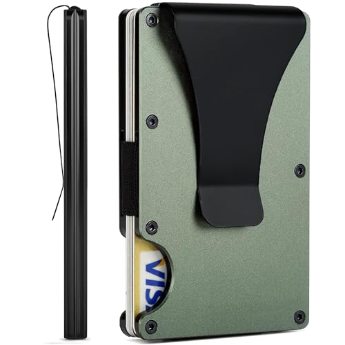 Image of Minimalist Wallet for Men, Slim Metal RFID Blocking Wallet Credit Card Holder Money Clip & Cash Strap, Scratch-Resistant Holds 15 Cards,Ideal Gift for Men | Matt Green