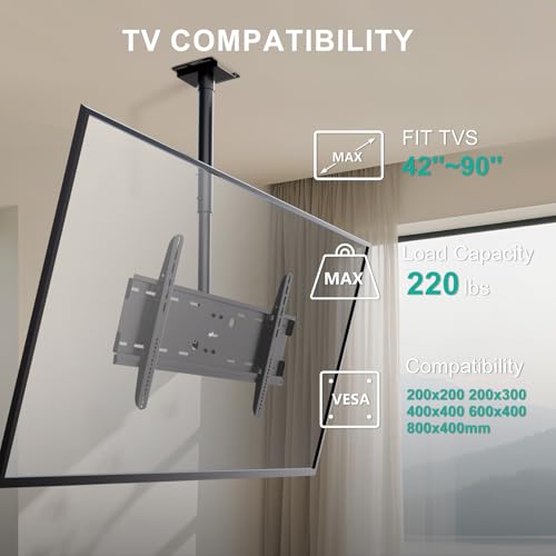 Image of WALI Ceiling TV Mount for 42-90 inch, Hanging Adjustable TV Ceiling Mount Bracket Fits Most LED, LCD, OLED 4K TVs, Holds up to 220lbs, Max Mounting Holes 800x400mm (CM4290), Black