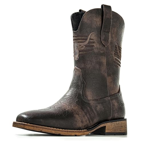 MacePhenoMelon Square Toe Cowboy Boots for Men Classic Western Boots Black Men's Pull On Retro Chunky Short Country Boots BTT-C-10.5