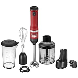 BLACK+DECKER Kitchen Wand Cordless Immersion Blender, 3 in 1 Multi Tool Set, Hand Blender with Charging Dock, Whisk, and Chopper, Red (BCKM1013K06)