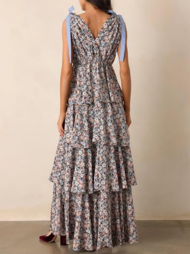 Image of Wenrine Womens Summer Floral Maxi Dress Tie Strap Sleeveless V Neck High Slit Boho Ruffle Tiered Beach Dresses