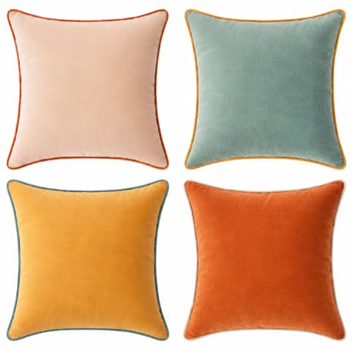 MONDAY MOOSE Decorative Throw Pillow Covers Cushion Cases, Set of 4 Soft Velvet Modern Double-Sided Designs, Mix and Match for Home Decor, Pillow Inserts Not Included (18x18 inch, Orange/Teal)