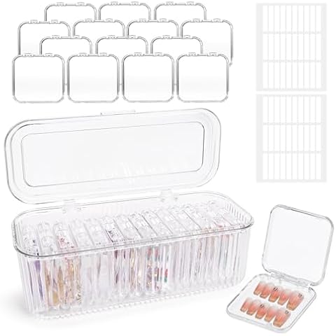 Press On Nail Orgnizer 14 PCS Clear Press On Nail Storage Boxes and 1 Big Storage box with 60 Pcs Adhesive Double Sided Tape,Press On Nail Packaging for Fake Nail Storage Nail Display Nail Salon. Cover