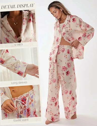 Image of Arssm Satin Pajama Set for Women Silk Pajamas Set 2 Piece Floral Pj Set Long Sleeve Button Down Pjs Sleepwear
