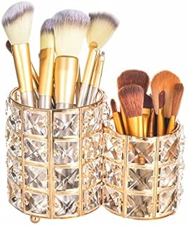 Feyarl Crystal Makeup Brush Holder Gold Makeup Brush Organizer Pen Pencil Holder Storage Eyebrow Cosmetics Tools Container for Dresser Bathroom Office