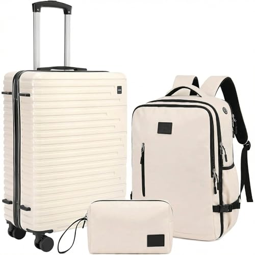 Image of Hoteel Luggage Sets 3 Piece, 4-Year Warranty, Carry-On Luggage with Dual-Spinner Wheels, PC+ABS Hardside Suitcase Set with TSA Lock, Durable Carry On Suitcase, Beige(20IN /DB /TB)