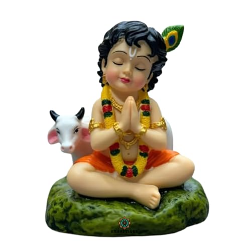 Image of Laddu Gopal Idol with Cow, Resin Bal Krishna Murti for Car Dashboard, Home Temple, Office Desk & Pooja Room, Krishna Statue for Janmashtami, Housewarming & Spiritual Gift, 8 cm