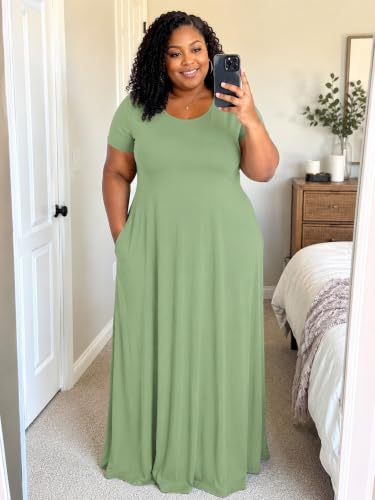 Image of PinkPatty Women's Plus Size Maxi Dresses Short Sleeve Sundress Summer T-Shirt Beach Long Dress with Pockets