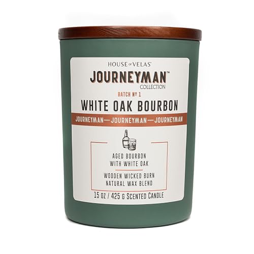 House of Velas Journeyman Collection Candle, 15oz, Wooden Wick, White Oak Bourbon, Large Painted Jar