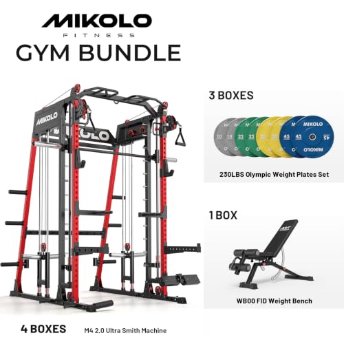 Image of Mikolo M4 2.0 Smith Machine, 2200lbs Squat Rack with LAT-Pull Down System & Cable Crossover Machine, Training Equipment with Leg Hold-Down Attachment
