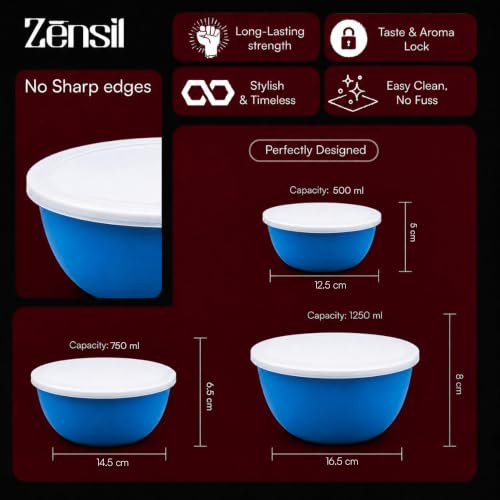 Image of 500ml, 750ml, 1250ml | Blue Euro Style Food Storage Containers for Kitchen | Stainless Steel Leak Proof Lids Mixing Bowls | Kitchen Food Storage Bowls (3, Blue)