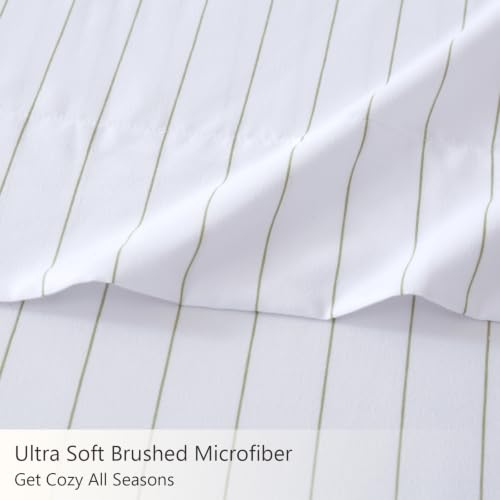 Image of MCO Green Striped Sheets Set Twin 3Pcs, Breathable Washed-Look Microfiber