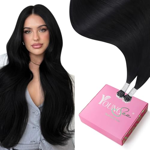 Image of YoungSee Black Nano Ring Hair Extensions Human Hair 24 Inch Nano Beads Hair Extensions Human Hair Jet Black Nanolink Hair Extension Cold Fusion Nano-Tip Hair Extension for Long Hair 50 Strands 50g
