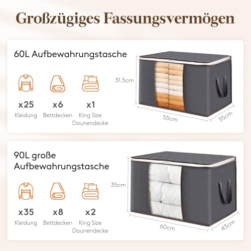 Lifewit Große Aufbewahrungstasche Schrank Organizer Set, Faltbar Kleideraufbewahrung mit verstärkt Griff, stabilem Reißverschluss für Kleidung, Bettwäsche, Bettdecken, Steppdecke, Grau, 6 Stück