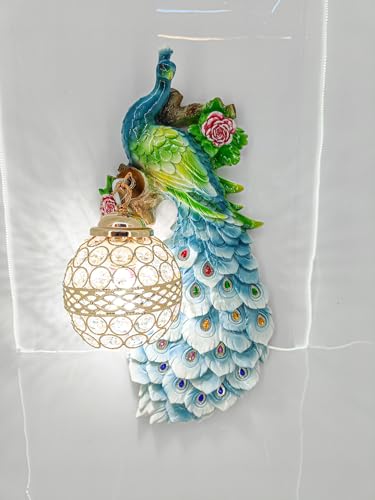Image of swanart Decorative Plumora Peacock Wall Light with Crystal Lamp - 46 cm Artistic LED Wall Mount Light, Vibrant Colors & Gold Accents for Bedroom, Living Room, and Hallways - 3D Handcrafted Design