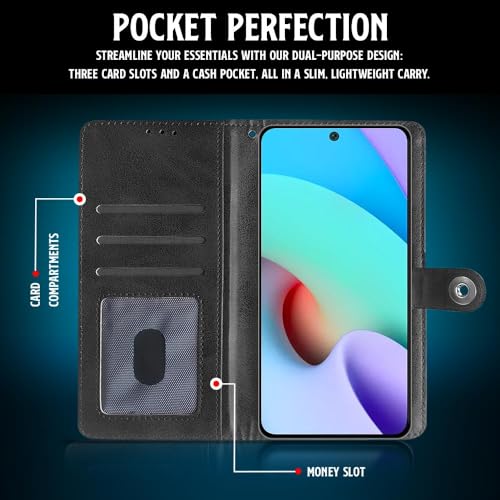 Image of WOW IMAGINE Shock Proof Flip Cover Back Case for Xiaomi Mi Redmi 10 Prime (Magnetic Button Flip Case | Wallet Pockets & Stand | Leather Finish | Haze Black)